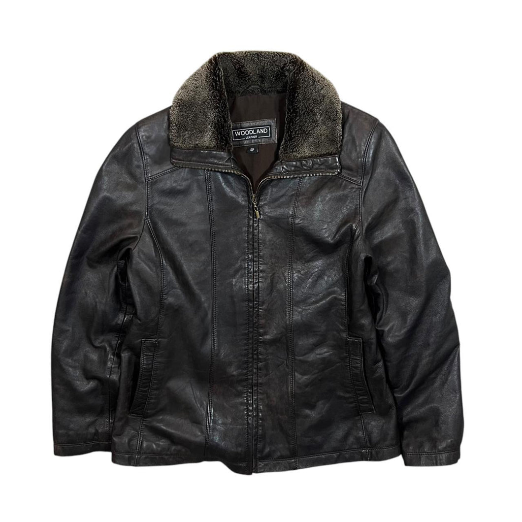 Vintage WOODLAND LEATHER Fleece Collared Brown Real Genuine Leather Zip Bomber Jacket