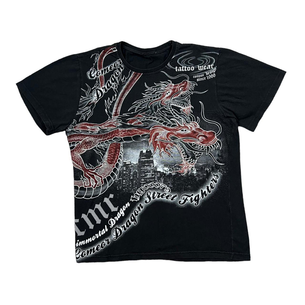 Early 00's COMEOR DRAGON STREET FIGHTERS Gothic Biker Dragon Spellout Graphic T-Shirt