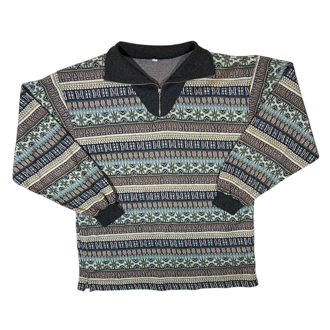 Vintage 90's Fairisle Crazy Patterned Cotton Blend 1/4 Zip Pullover Sweatshirt Top