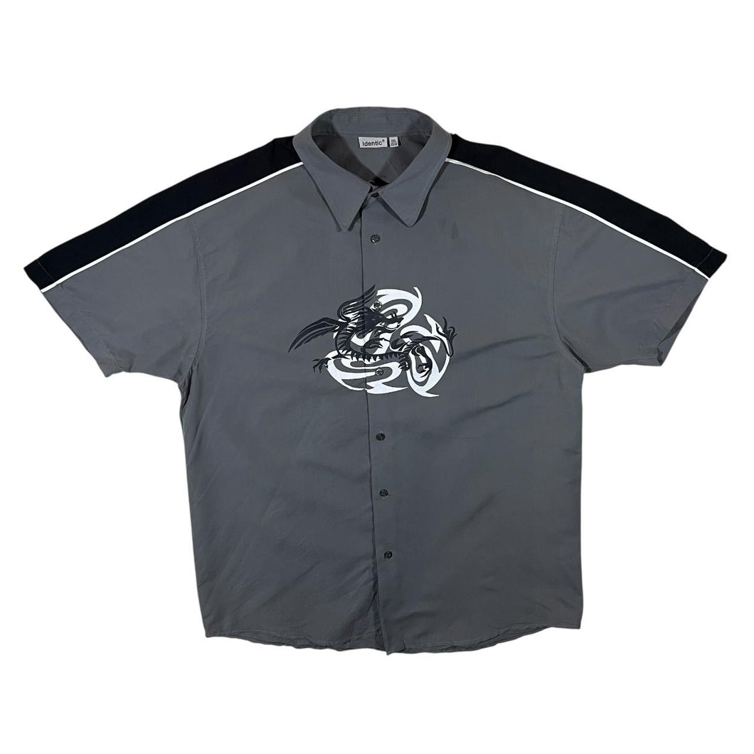 Early 00's Identic Y2K Gothic Tribal Dragon Graphic Polyester Short Sleeve Shirt
