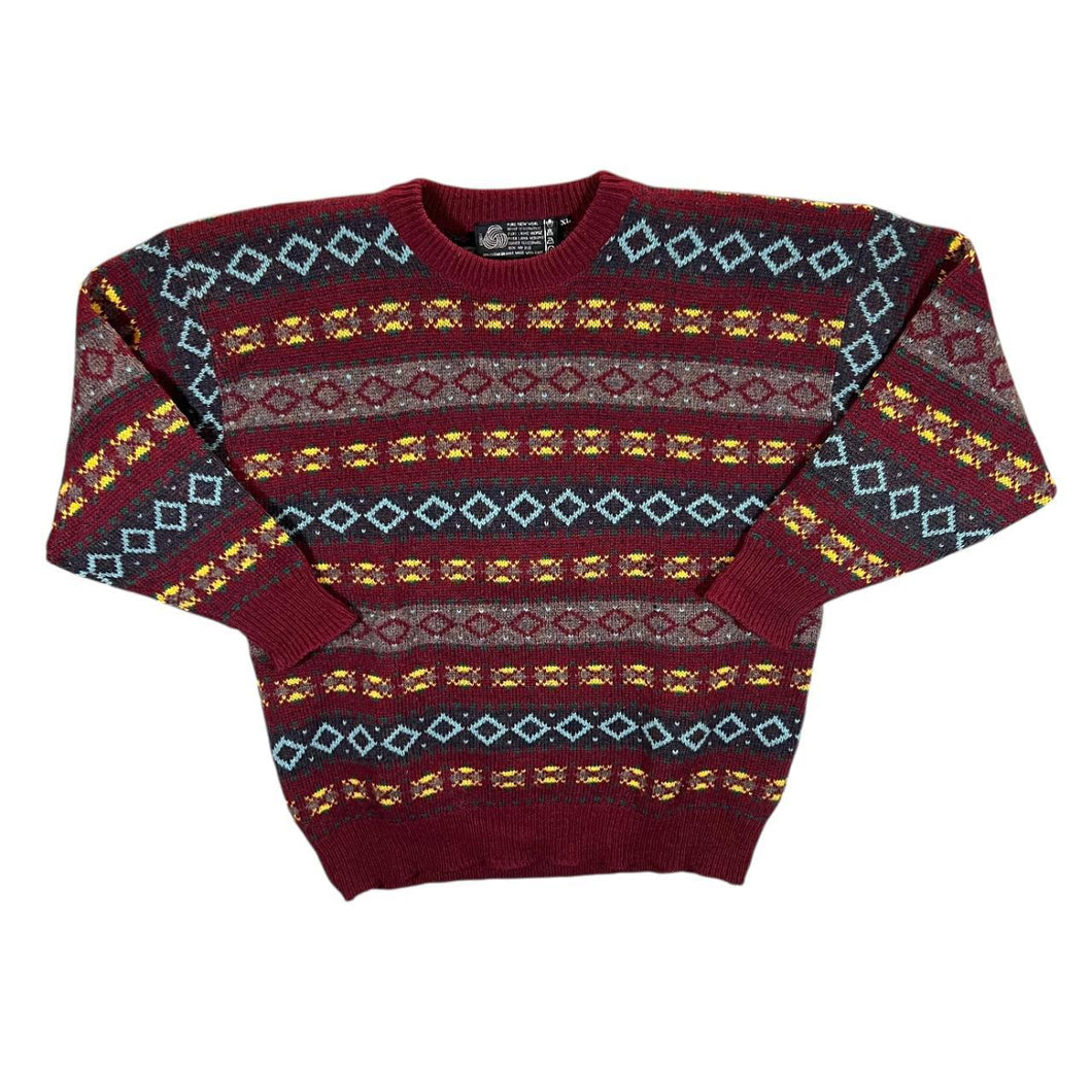 Vintage Pure New Wool Abstract Patterned Burgundy Knit Jumper Sweater