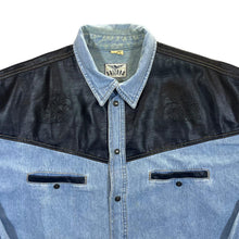 Load image into Gallery viewer, Vintage Arizona Cowboy Western Faux Leather Panel Blue Denim Popper Long Sleeve Shirt
