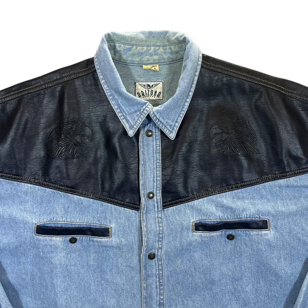 Vintage Arizona Cowboy Western Faux Leather Panel Blue Denim Popper Long Sleeve Shirt