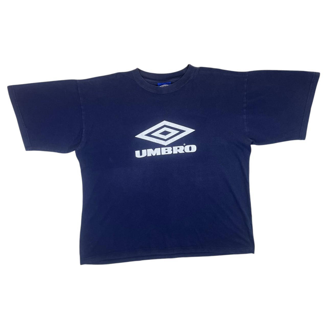 Vintage UMBRO Classic Big Logo Spellout Graphic Navy Blue T-Shirt