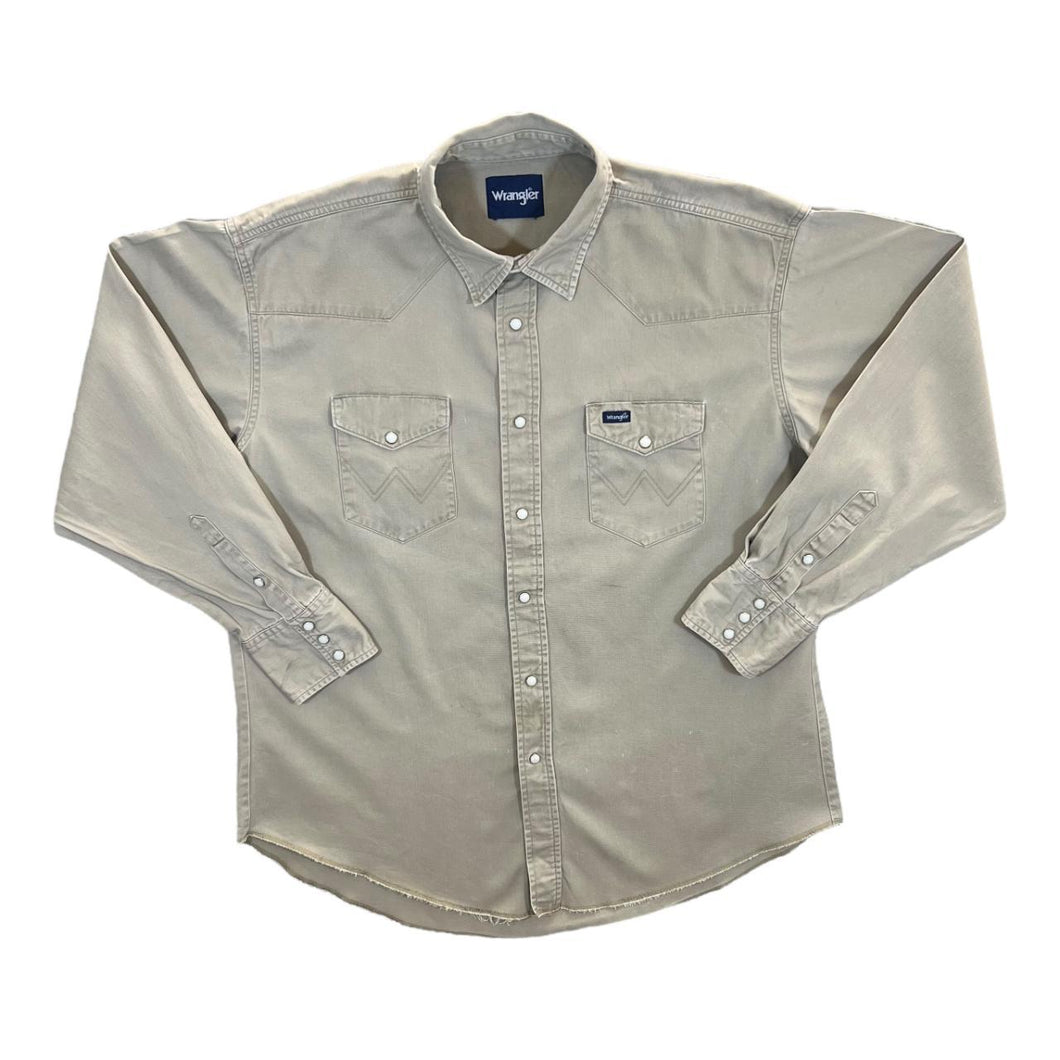 Vintage Wrangler Cowboy Western Pearl Snap Popper Heavy Cotton Distressed Shirt