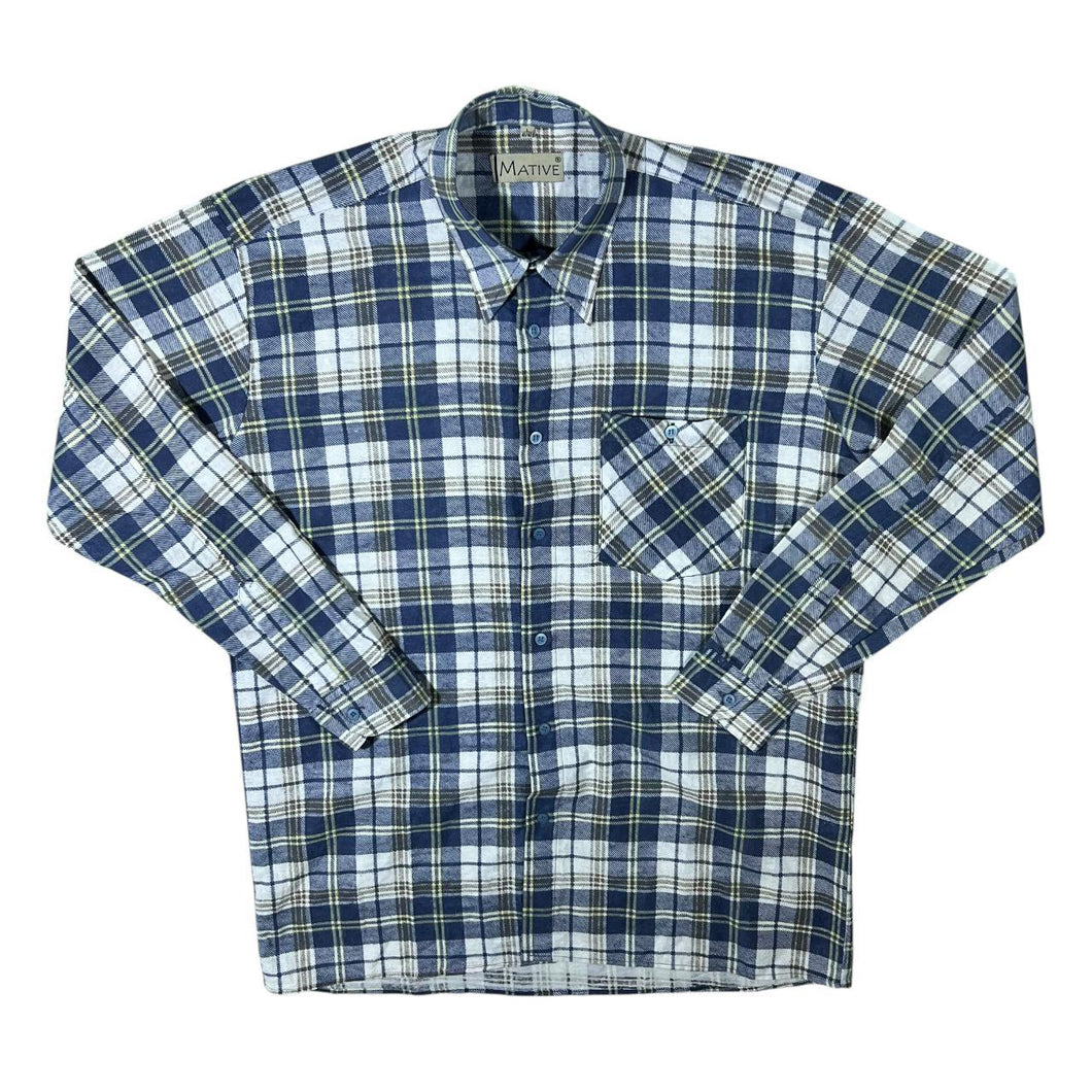 Vintage Mative Blue White Yellow Plaid Check Long Sleeve Cotton Flannel Shirt