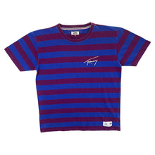 Load image into Gallery viewer, TOMMY JEANS Tommy Hilfiger Embroidered Mini Script Logo Blue Burgundy Striped T-Shirt
