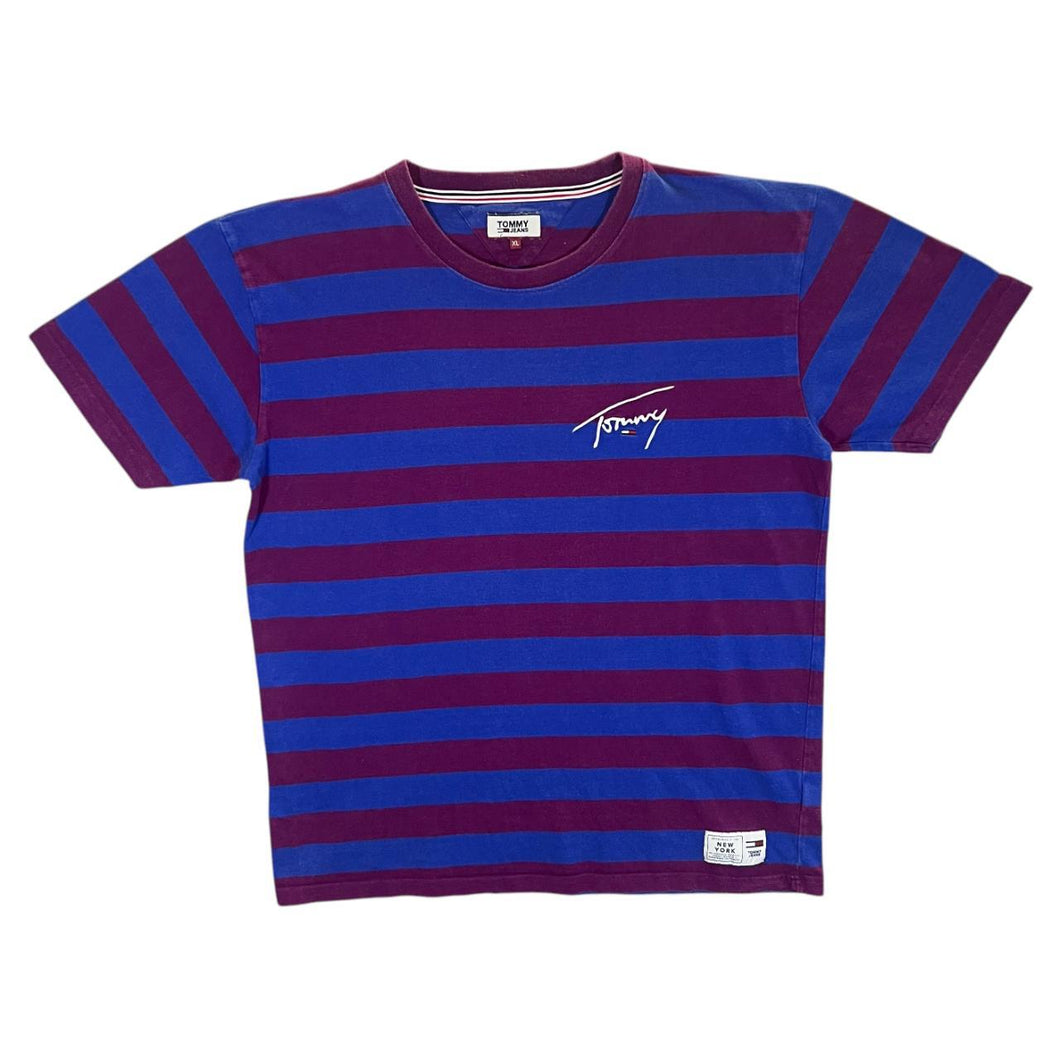 TOMMY JEANS Tommy Hilfiger Embroidered Mini Script Logo Blue Burgundy Striped T-Shirt