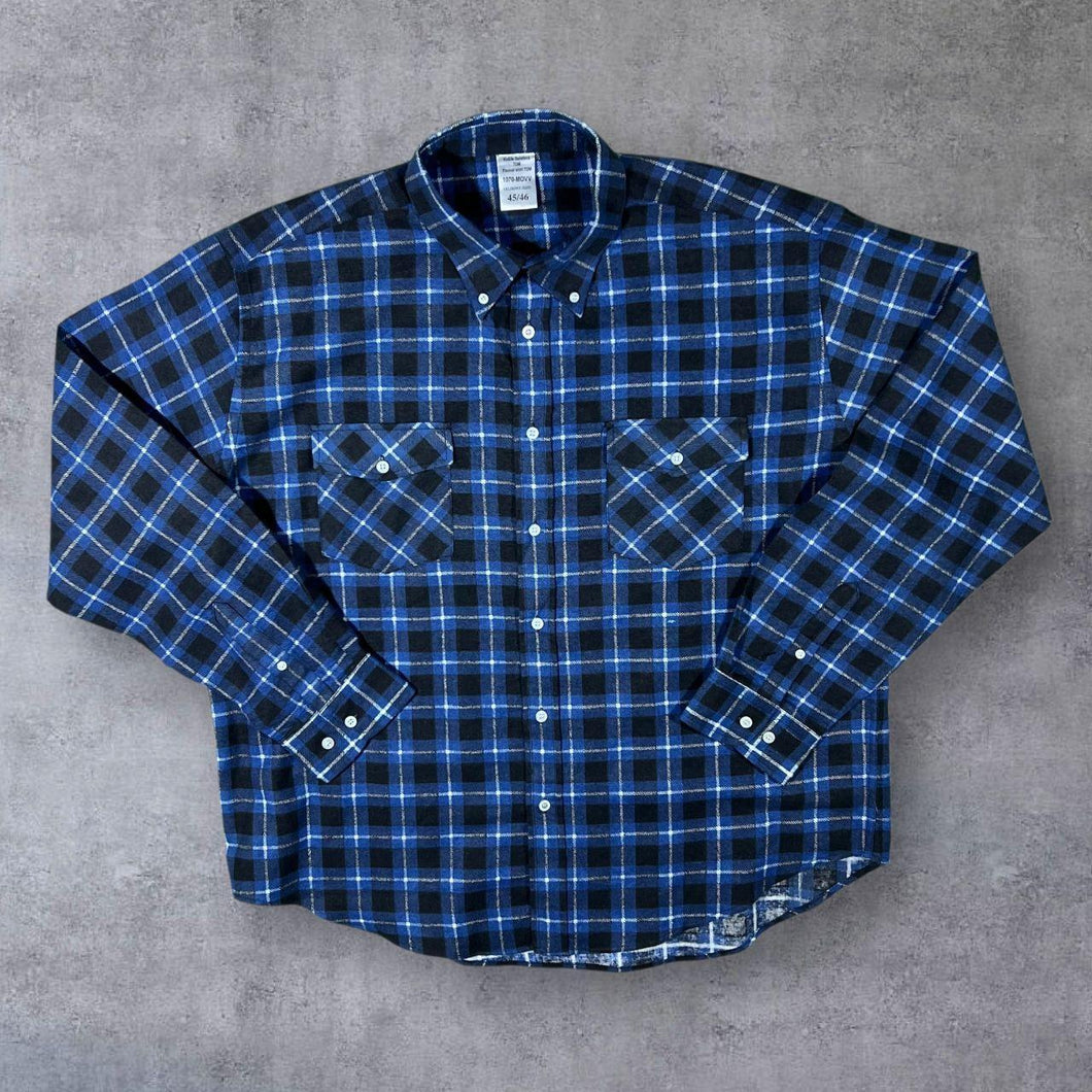 Vintage TOM Blue Black White Plaid Check Long Sleeve Cotton Flannel Shirt