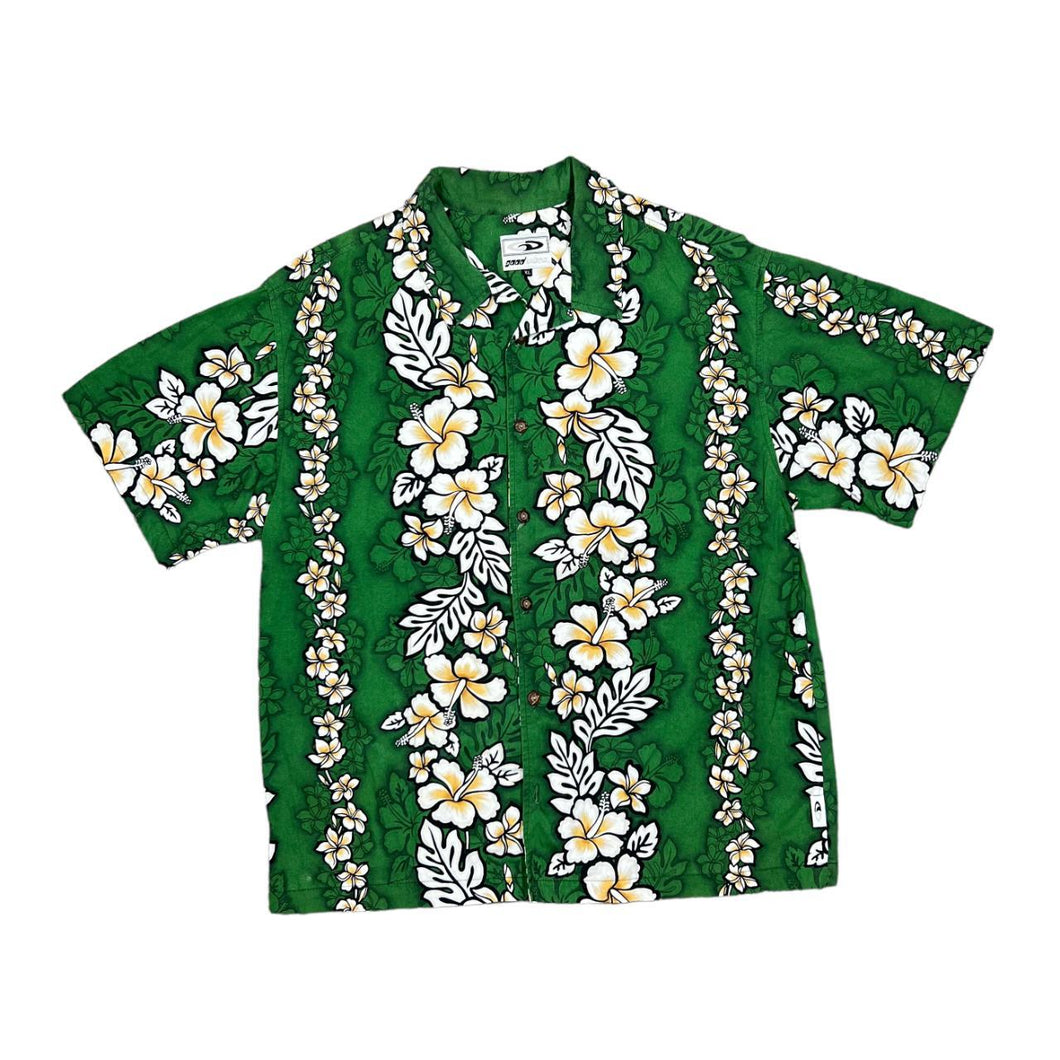 Early 00's GOOD VIBES Made In USA Hawaiian Tropical Floral Patterned Open Collar Cotton Shirt