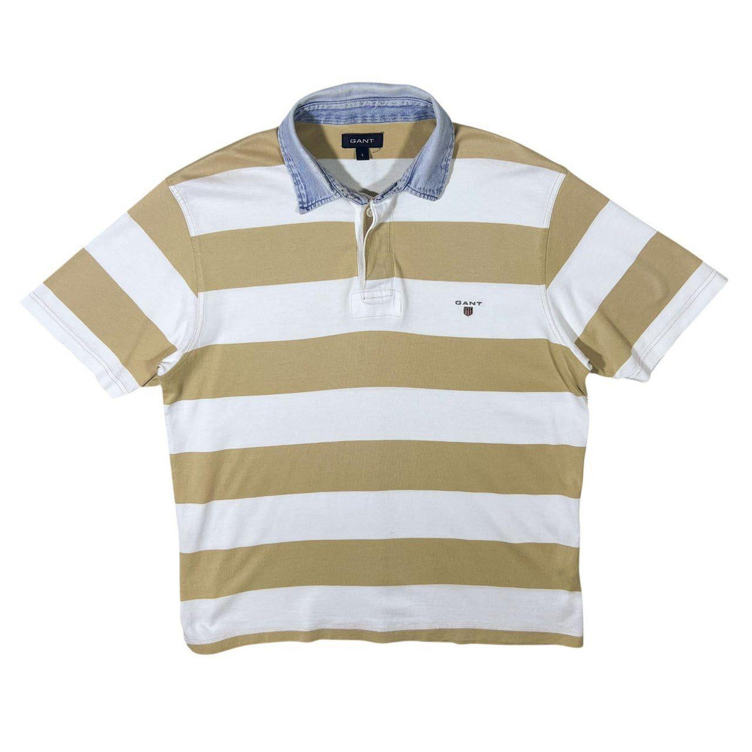 GANT Embroidered Mini Logo Denim Collared Beige White Striped Short Sleeve Polo Shirt