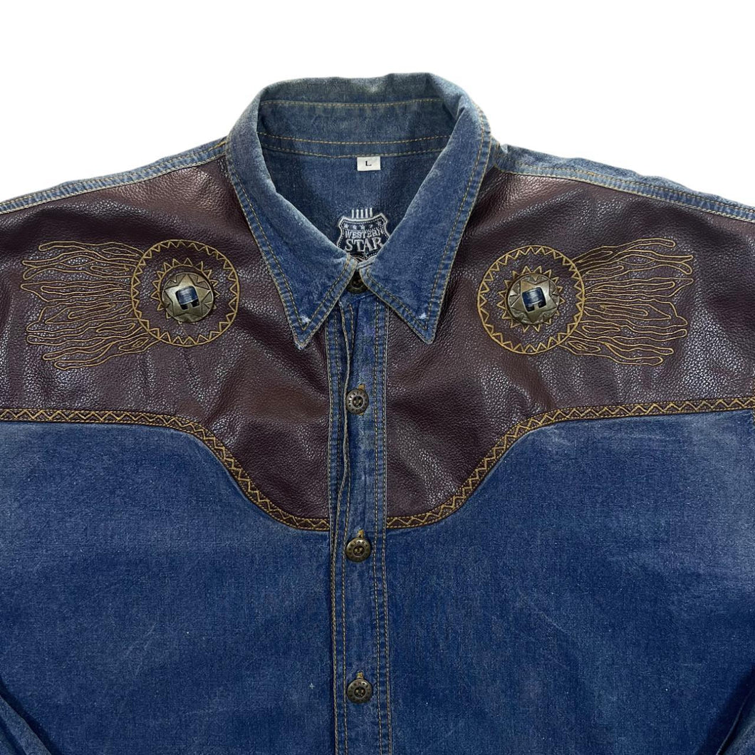 Vintage Western Star Cowboy Western Blue Denim Cotton Long Sleeve Shirt