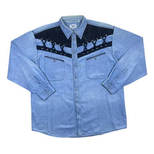 Load image into Gallery viewer, Vintage JACQUES LORANT Lace Panel Cowboy Western Style Long Sleeve Blue Denim Shirt
