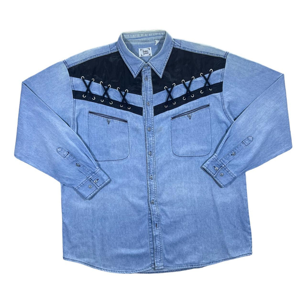 Vintage JACQUES LORANT Lace Panel Cowboy Western Style Long Sleeve Blue Denim Shirt