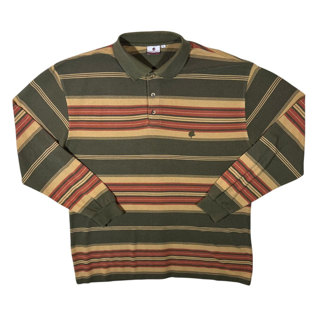 Vintage Laurent Cerrer Green Multi Striped Mini Logo Long Sleeve Polo Shirt
