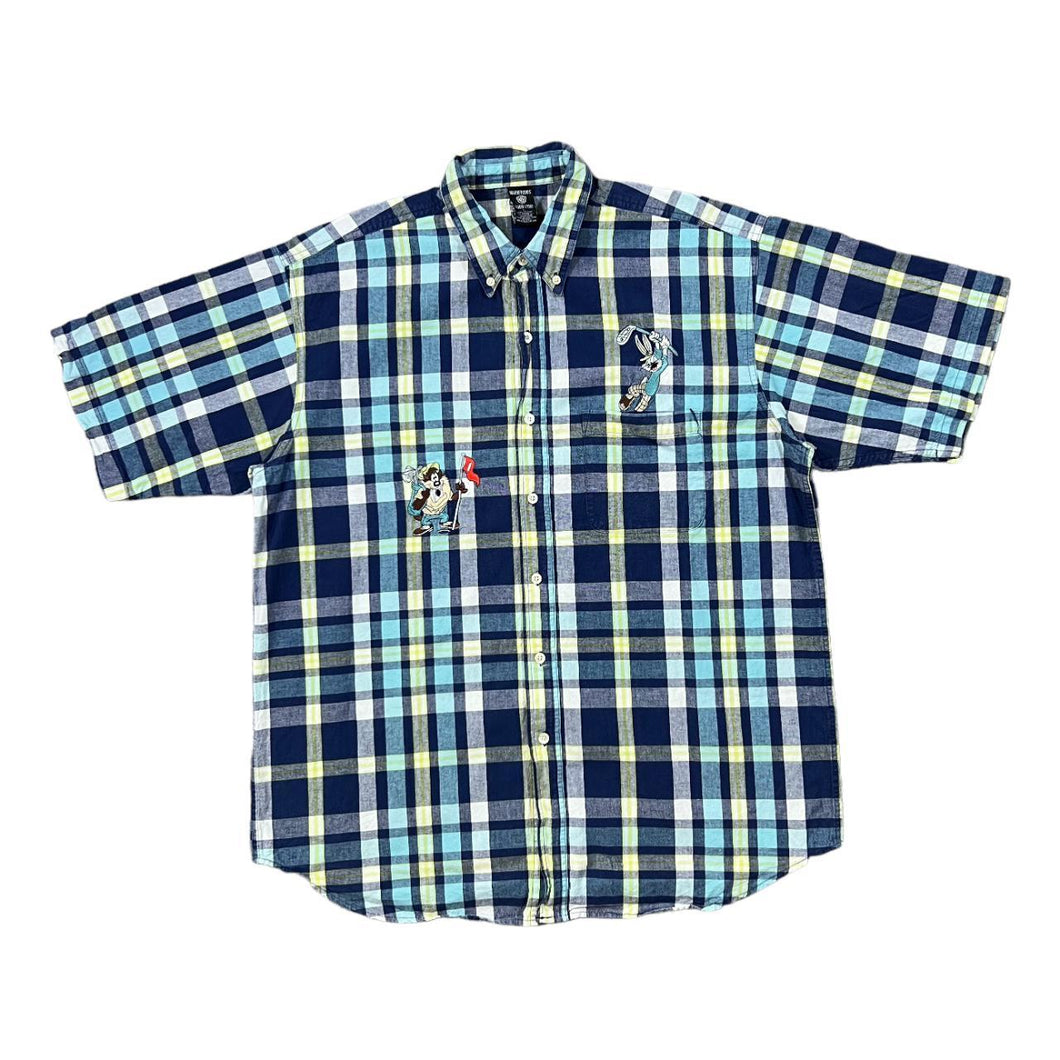 Vintage WARNER BROS STUDIO STORE (1997) Looney Tunes Taz Bugs Bunny Golf Checked Button-Up Shirt