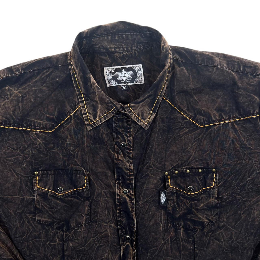 Vintage Stars & Stripes Cowboy Western Popper Long Sleeve Brown Cotton Shirt