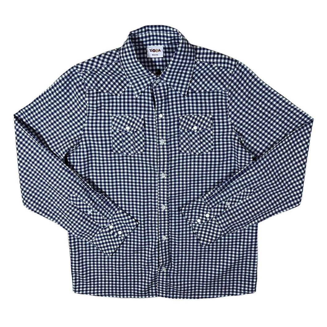 Vintage Yigga Cowboy Western Style Blue White Plaid Check Long Sleeve Cotton Shirt