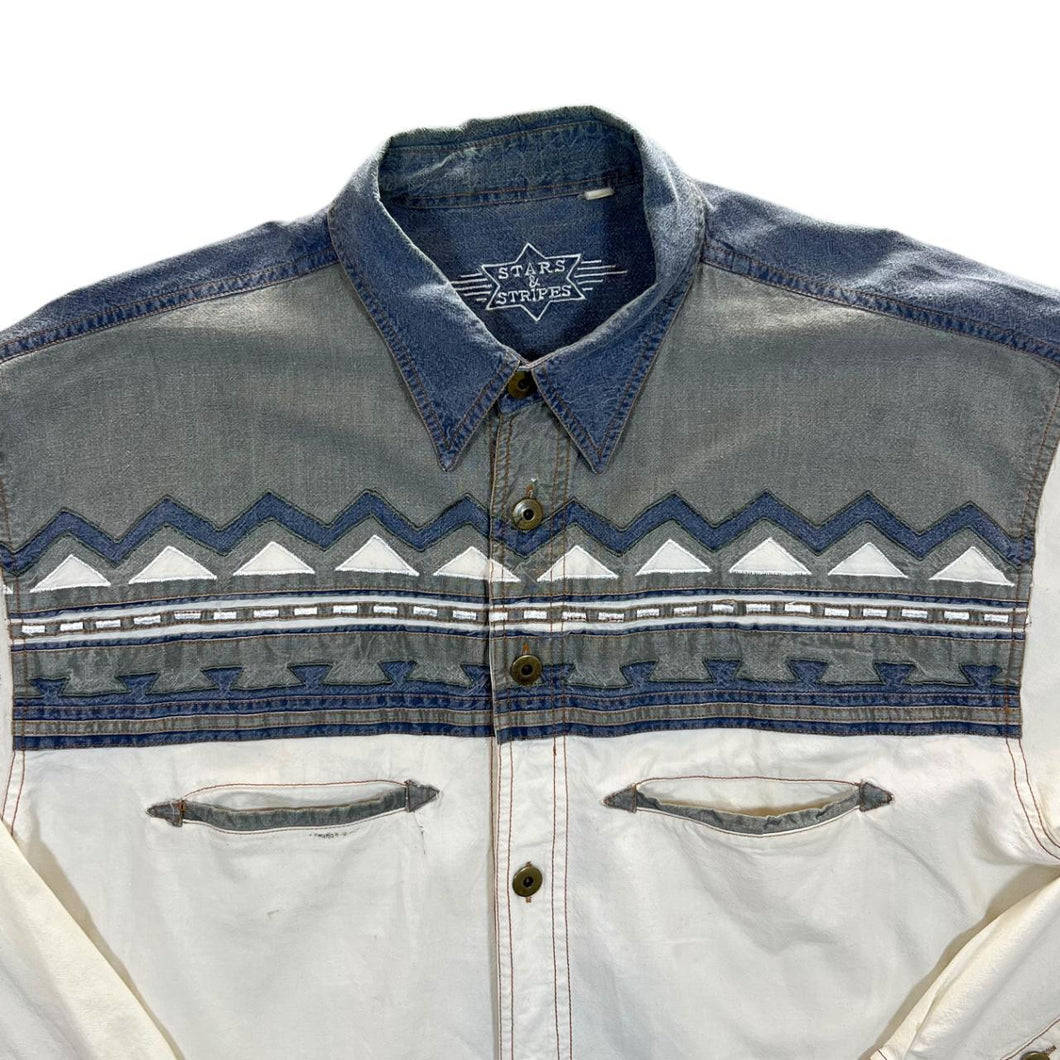Vintage 90's Stars & Stripes Cowboy Western Patterned Cotton Long Sleeve Shirt