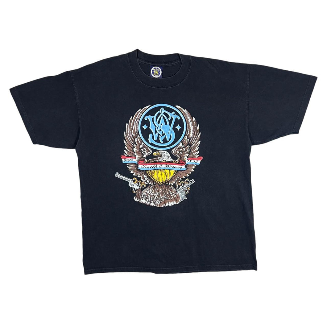 Vintage SMITH & WESSON Eagle Emblem Logo Spellout Graphic Black T-Shirt