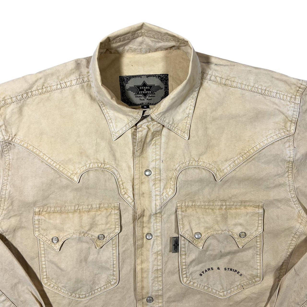 Vintage Stars & Stripes Cowboy Western Pale Yellow Popper Long Sleeve Shirt