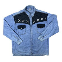 Load image into Gallery viewer, Vintage Cowboy Western Acid Wash Blue Denim Black Panel Popper Long Sleeve Shirt

