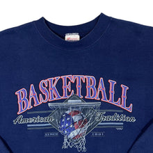 Load image into Gallery viewer, Early 00&#39;s Hanes BASKETBALL &quot;American Tradition&quot; Spellout Graphic Navy Blue Sweatshirt
