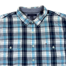 Load image into Gallery viewer, TOMMY HILFIGER &quot;Custom Fit&quot; Blue White Plaid Check Short Sleeve Cotton Shirt
