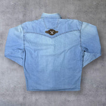 Load image into Gallery viewer, Vintage Stock Cowboy Western Woven Panel Popper Blue Denim Long Sleeve Shirt
