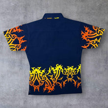 Load image into Gallery viewer, Early 00&#39;s Gothic Y2K Tribal Flame Graphic Navy Blue Short Sleeve Shirt
