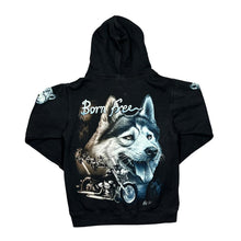 Load image into Gallery viewer, Early 00&#39;s CABALLO &quot;Born Free&quot; Gothic Biker Wolf Animal Spellout Graphic Zip Hoodie
