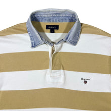 Load image into Gallery viewer, GANT Embroidered Mini Logo Denim Collared Beige White Striped Short Sleeve Polo Shirt
