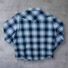 Load image into Gallery viewer, Wind River "Modern Fit" Cowboy Western Blue Mix Plaid Check Long Sleeve Popper Shirt
