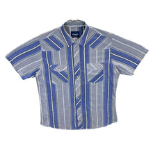 Load image into Gallery viewer, Vintage 90's Wrangler Cowboy Western Blue Grey Striped Popper Button Short Sleeve Shirt

