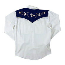 Load image into Gallery viewer, Vintage Cowboy Western Embroidered Floral Navy Blue White Long Sleeve Popper Shirt

