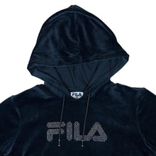 Load image into Gallery viewer, FILA Rhinestone Diamante Logo Spellout Black Velour Cropped Hoodie
