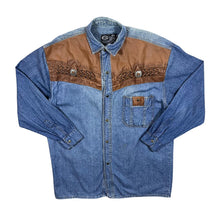 Load image into Gallery viewer, Vintage C&amp;A Cowboy Western Leather Panel Blue Denim Popper Long Sleeve Shirt
