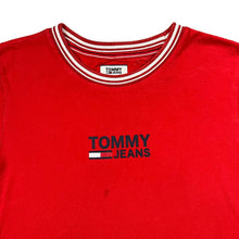Load image into Gallery viewer, TOMMY JEANS Tommy Hilfiger Logo Spellout Graphic Striped Trim Cotton T-Shirt
