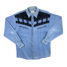 Load image into Gallery viewer, Vintage Jacques Lorant Cowboy Western Lace Panel Blue Denim Long Sleeve Shirt
