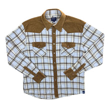 Load image into Gallery viewer, Cau Designs Corduroy Panel Blue Check Cowboy Western Popper Long Sleeve Shirt
