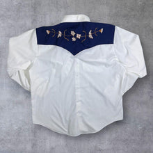Load image into Gallery viewer, Vintage Embroidered Floral Cowboy Western Popper White Navy Blue Long Sleeve Shirt
