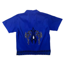 Load image into Gallery viewer, Early 00&#39;s Gothic Y2K Biker Tribal Tattoo Graphic Blue Short Sleeve Shirt
