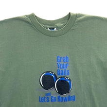 Load image into Gallery viewer, Early 00&#39;s Grab Your Balls And Let&#39;s Go Bowling Novelty Souvenir Graphic Green T-Shirt
