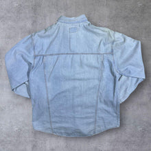 Load image into Gallery viewer, Vintage Arizona Cowboy Western Faded Blue Denim Lace Panel Popper Long Sleeve Shirt
