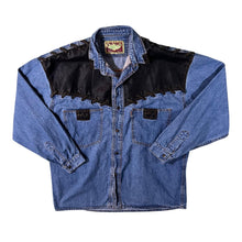 Load image into Gallery viewer, Vintage Shooter Cowboy Western Blue Denim Black Panel Popper Long Sleeve Shirt
