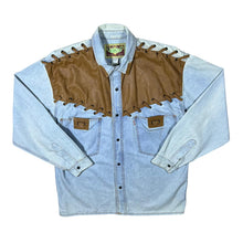 Load image into Gallery viewer, Vintage Shooter Cowboy Western Leather Panel Blue Denim Popper Long Sleeve Shirt
