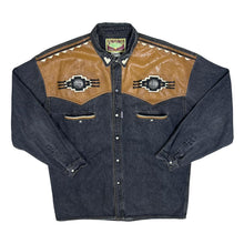 Load image into Gallery viewer, Vintage Shooter Cowboy Western Brown Leather Panel Popper Long Sleeve Shirt

