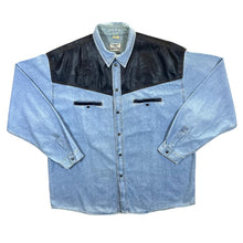 Load image into Gallery viewer, Vintage Arizona Cowboy Western Faux Leather Panel Blue Denim Popper Long Sleeve Shirt
