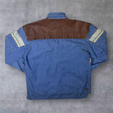 Load image into Gallery viewer, Vintage Stockerpoint Cowboy Western Leather Panel Popper Blue Denim Long Sleeve Shirt
