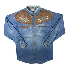 Load image into Gallery viewer, Vintage Cowboy Western Embroidered Patterned Blue Denim Long Sleeve Shirt
